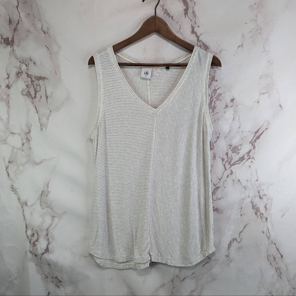 Cabi Tank Top Womens Medium Gray White Striped Shirt 3816 Mini V Neck Stretch